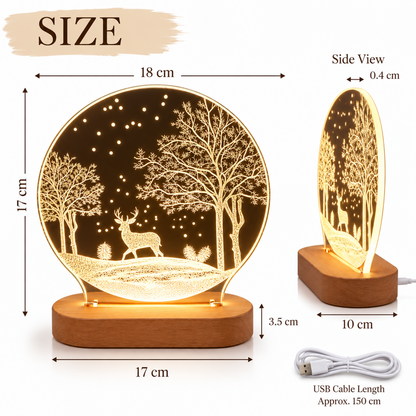 Laser-cut round LED night light with a deer and tree scene, shown with size measurements, side view, and a USB cable on a white background.