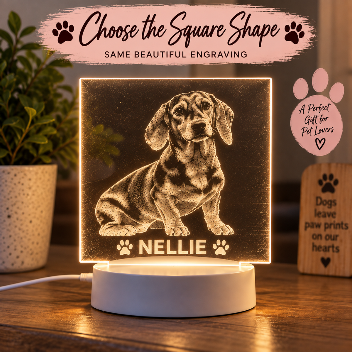 A square LED light box displaying a custom engraved dachshund portrait with the name 'NELLIE' and paw prints, illuminated on a wooden table with decorative background elements including a potted plant and a wooden sign.