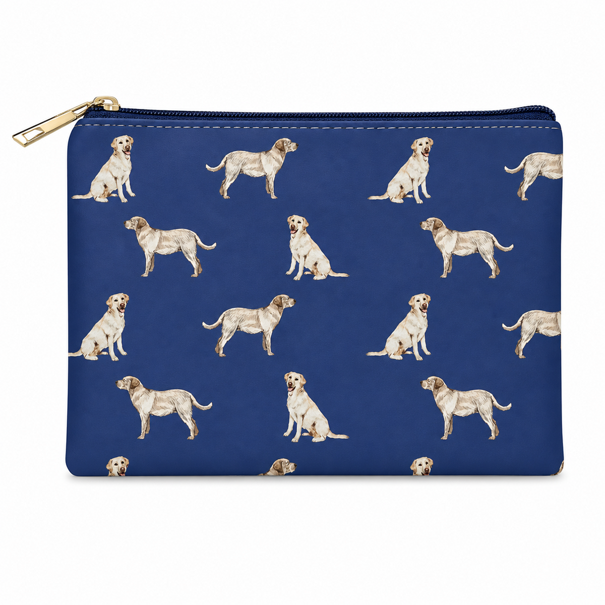 Blue zipped cosmetic purse with an all over Labrador dog design.