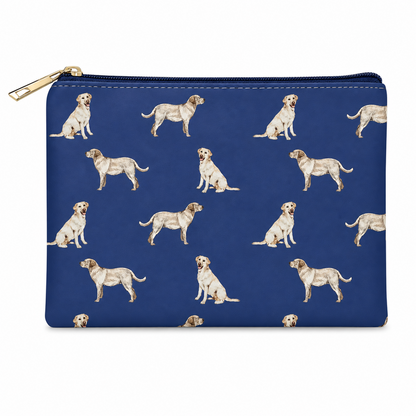 Blue zipped cosmetic purse with an all over Labrador dog design.