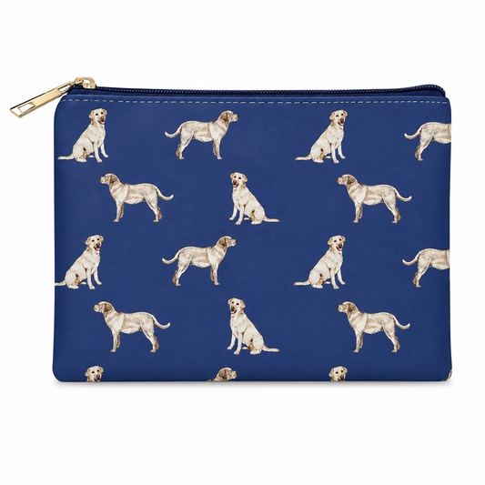 Blue zipped cosmetic purse with an all over Labrador dog design.