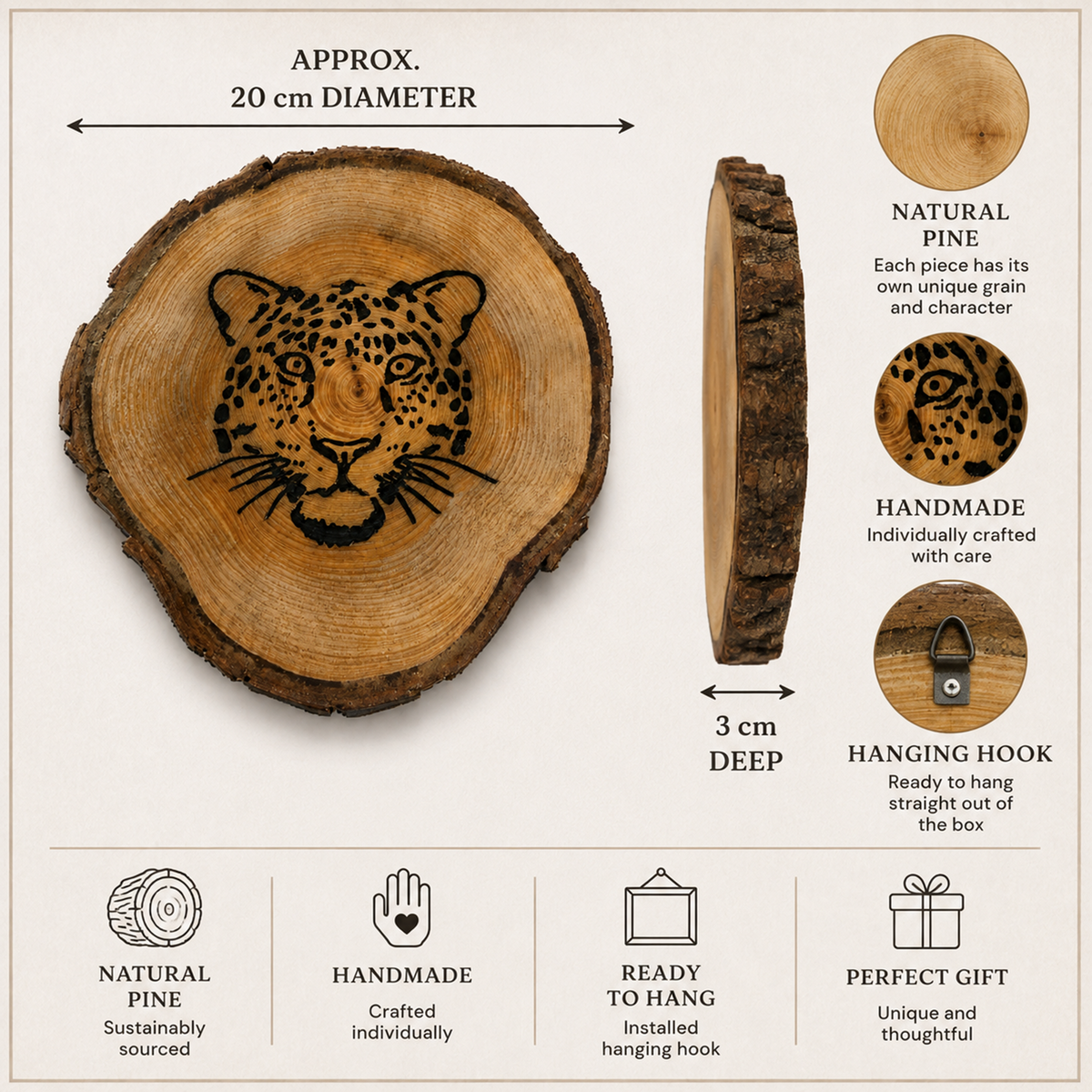 A decorative round wood slice featuring a carved leopard face, shown on a light beige background with informational callouts. The image includes a diameter measurement of 20 cm, a depth of 3 cm, and side and top views with text noting natural pine, handmade craftsmanship, a hanging hook, and suitability as a gift.