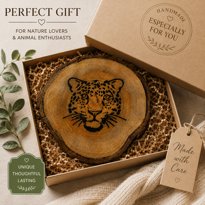 A leopard head carved onto a round wood slice coaster, presented in a kraft gift box with shredded paper filler. The gift box lid is shown beside it, along with promotional text and a small tag reading 'Made with Care'.