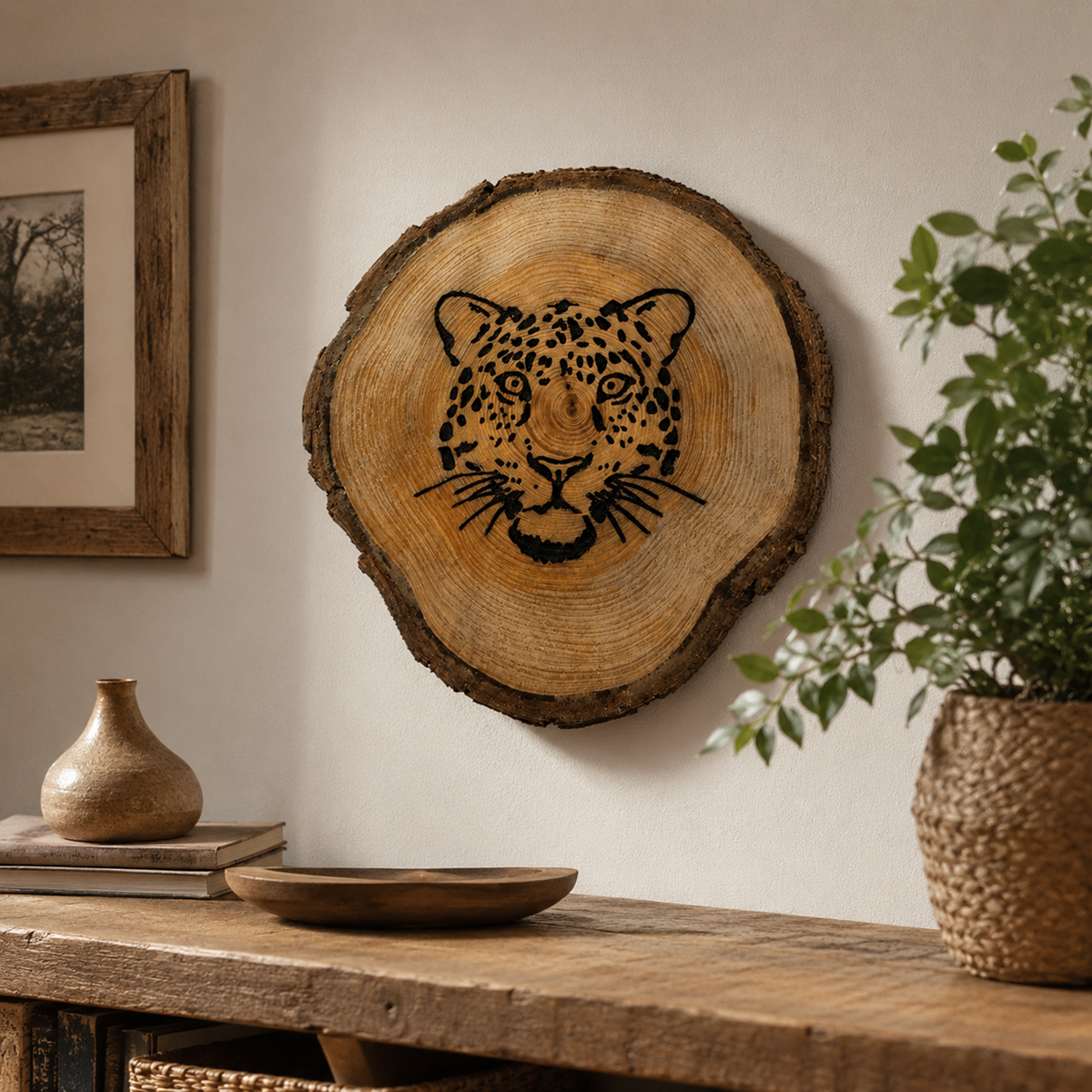 A round natural wood slice wall hanging featuring a black engraved leopard face, displayed on a beige wall above a rustic wooden console table with a plant and decorative objects.