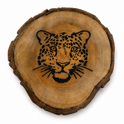 A round natural wood slice coaster featuring a black-burned leopard face design in the center, set against a plain white background.