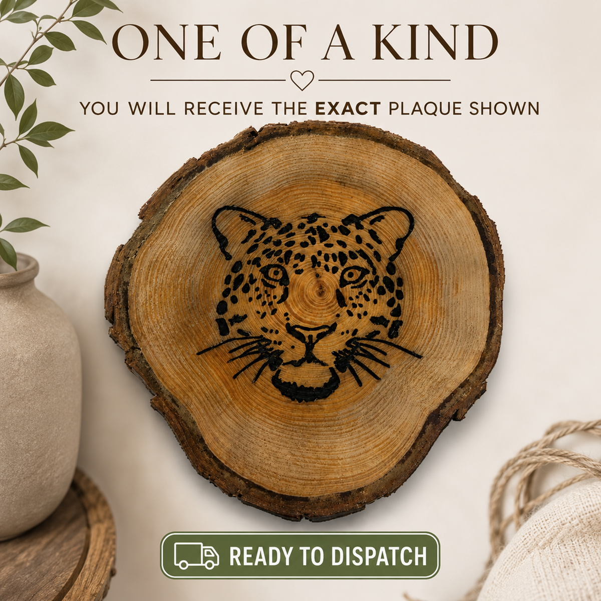 A round natural wood slice plaque with a black-burned leopard face design, shown on a light beige background with decorative props. Text at the top reads 'ONE OF A KIND' and 'YOU WILL RECEIVE THE EXACT PLAQUE SHOWN,' with a 'READY TO DISPATCH' badge at the bottom.
