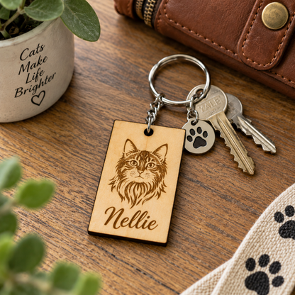 A rectangular wooden keychain engraved with a cat portrait and the name "Nellie," attached to a metal key ring with keys and a paw-print charm, placed on a wooden tabletop with plants and a leather wallet nearby.