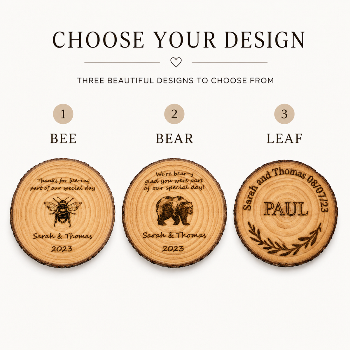 Personalised Wooden Wedding Favours – Engraved Wood Slice Keepsakes