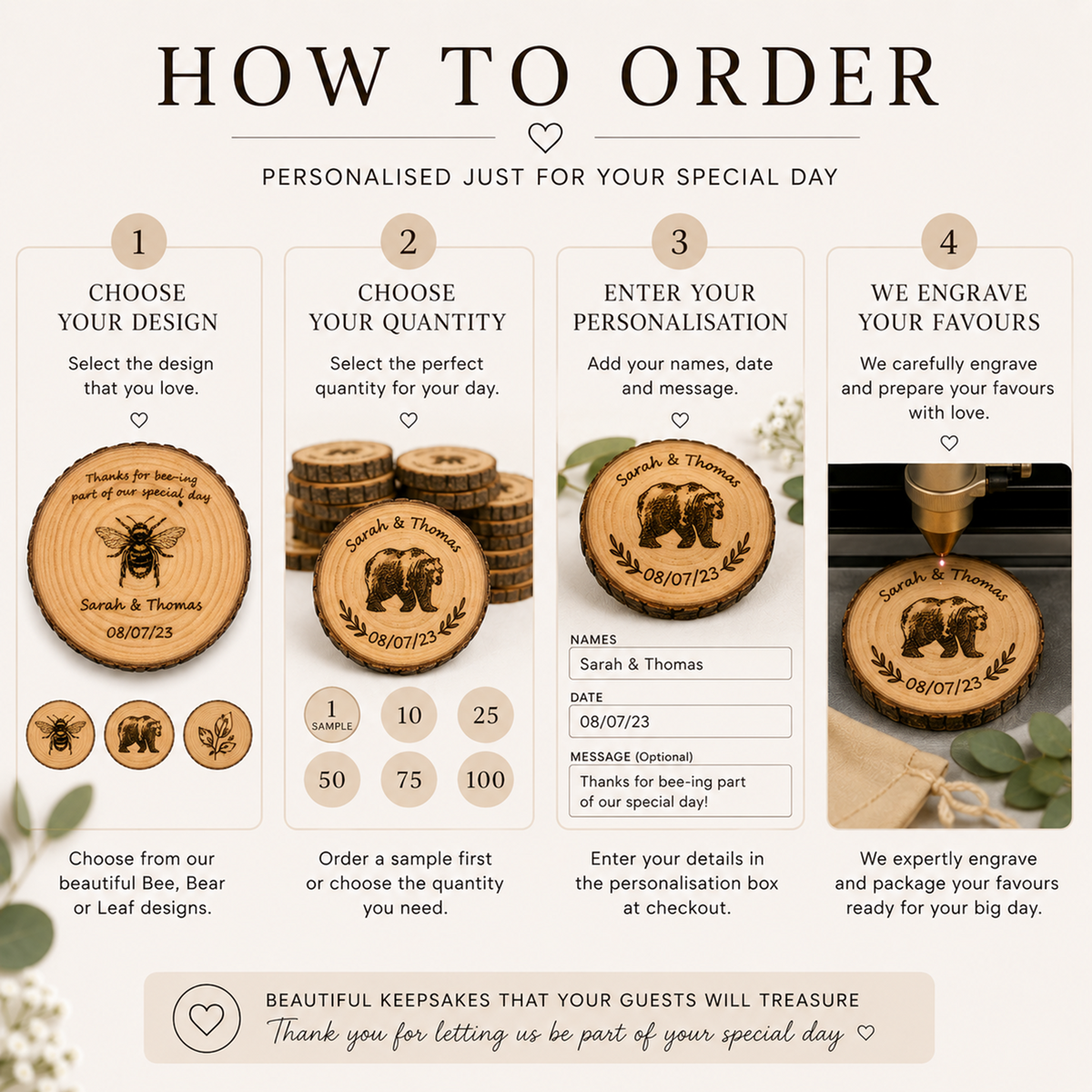Personalised Wooden Wedding Favours – Engraved Wood Slice Keepsakes