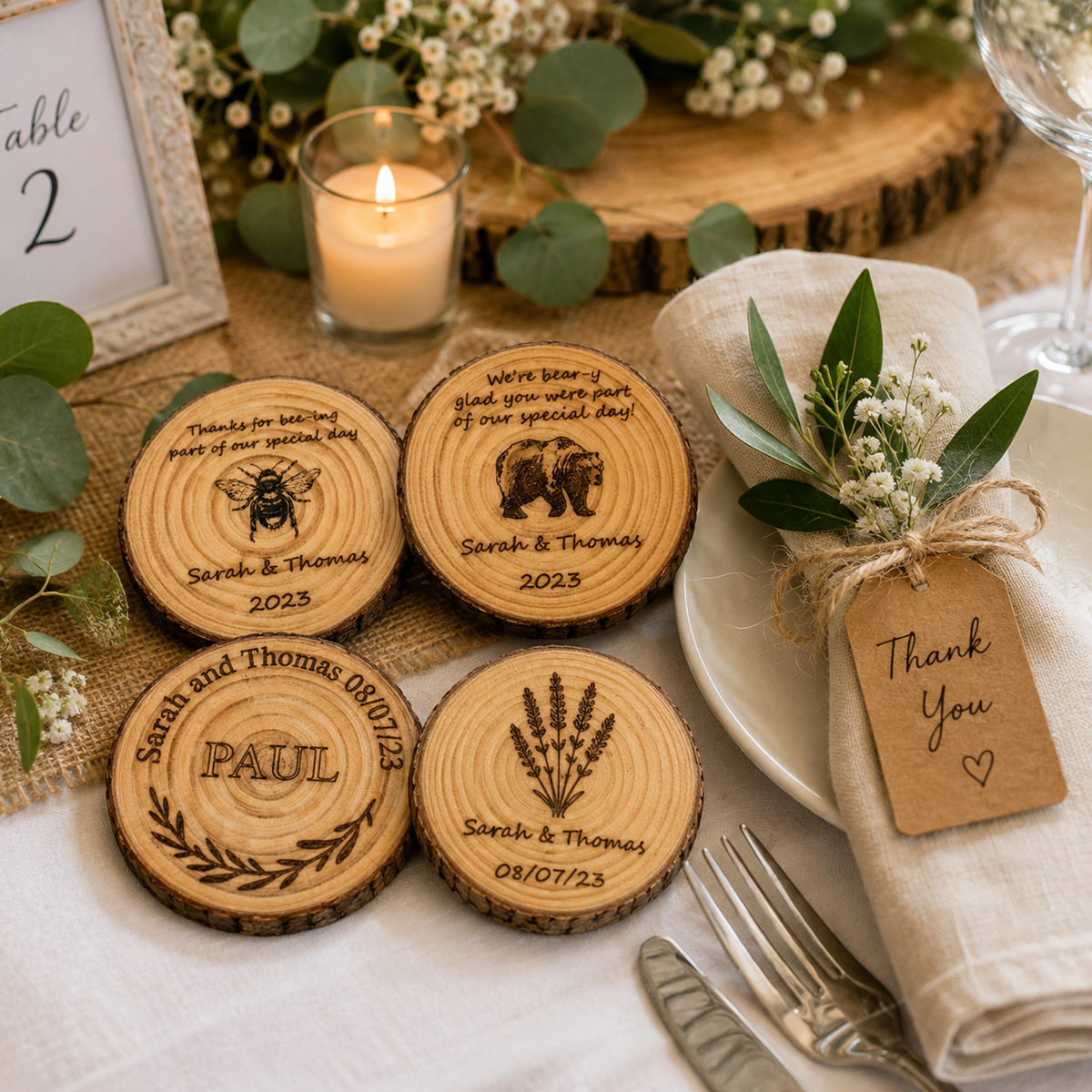 Personalised Wooden Wedding Favours – Engraved Wood Slice Keepsakes