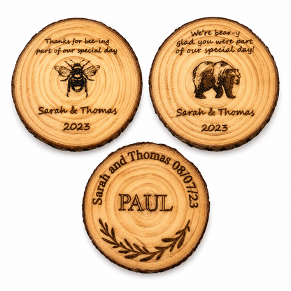 Personalised Wooden Wedding Favours – Engraved Wood Slice Keepsakes