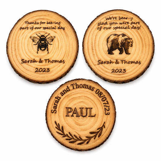 Personalised Wooden Wedding Favours – Engraved Wood Slice Keepsakes