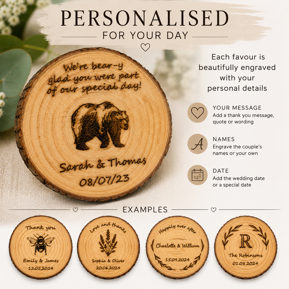 Personalised Wooden Wedding Favours – Engraved Wood Slice Keepsakes