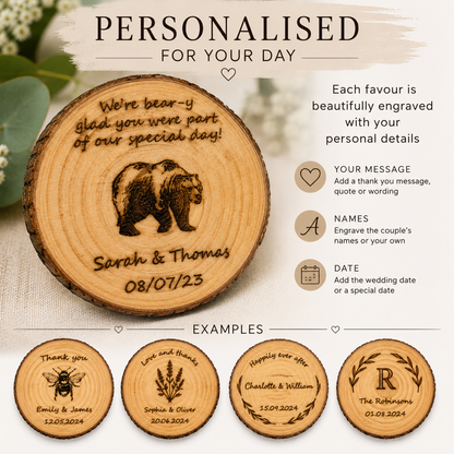 Personalised Wooden Wedding Favours – Engraved Wood Slice Keepsakes