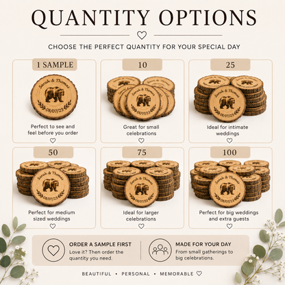 Personalised Wooden Wedding Favours – Engraved Wood Slice Keepsakes