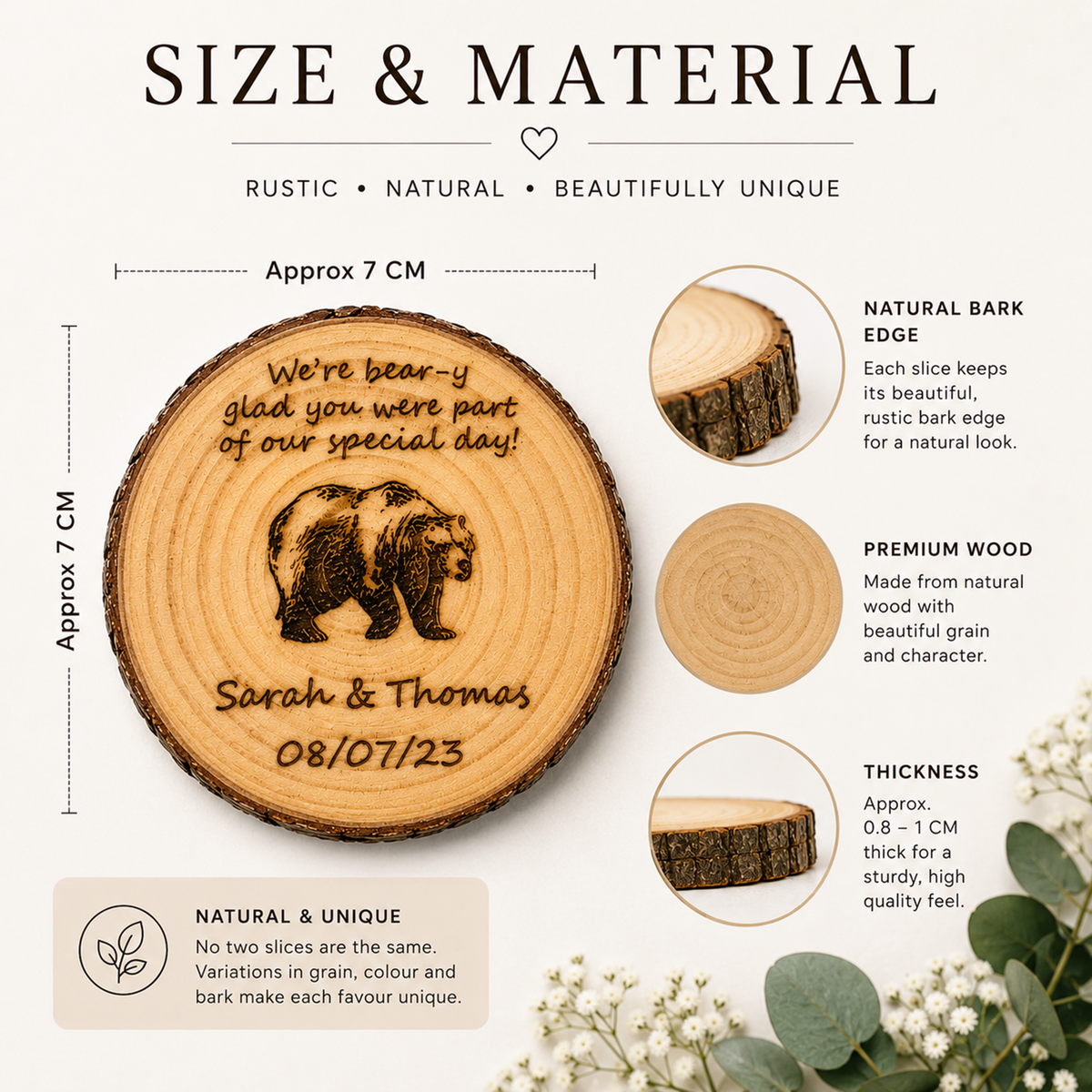 Personalised Wooden Wedding Favours – Engraved Wood Slice Keepsakes