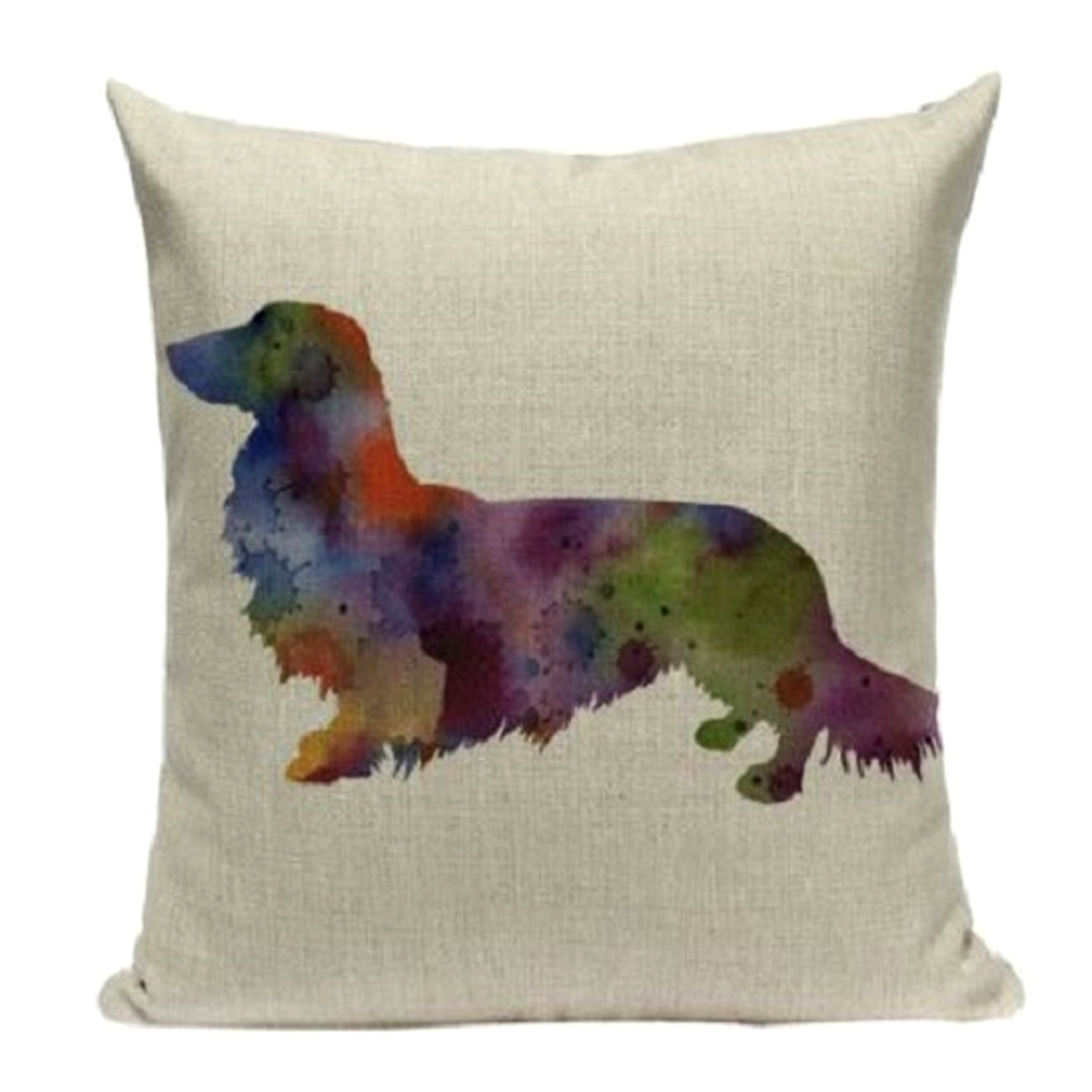 Pillow cushion cover with a colourful longhaired dachshund design on a beige background