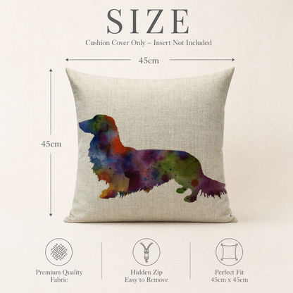 Size chart for a square pillow cushion cover showing dimensions of 45cm by 45cm. The cover has a light beige linen texture with a colourful watercolour dachshund dog design in the centre.