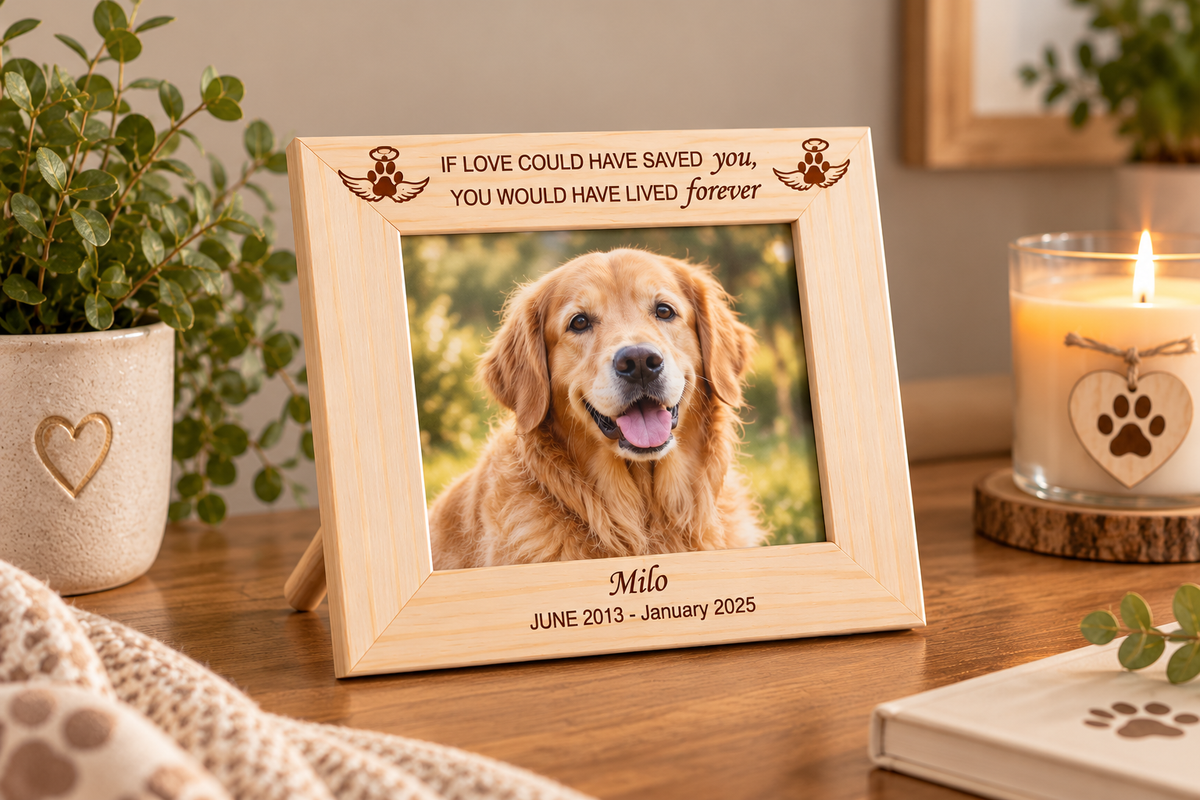 Personalised Pet Memorial Photo Frame – Engraved Wooden Dog & Cat Remembrance Frame