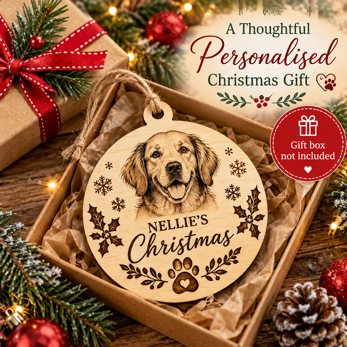 A personalised wooden Christmas ornament featuring a engraved golden retriever portrait and the text 'NELLIE'S Christmas' with paw prints, displayed inside a kraft gift box with pine branches and holiday lights around it. Text in the upper right says 'A Thoughtful Personalised Christmas Gift' and a red badge says 'Gift box not included'.