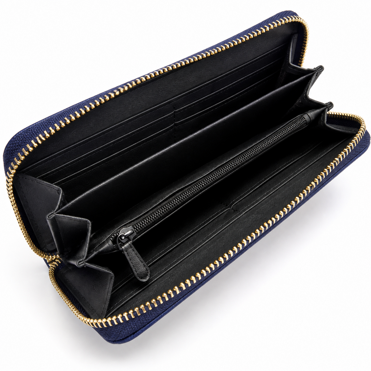 An open  zip-around wallet with gold-tone zippers and a black interior, photographed on a clean white background.