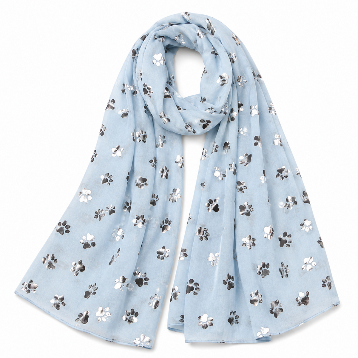 A light blue scarf with an all-over pattern of small paw prints in silver, draped on a plain white background.
