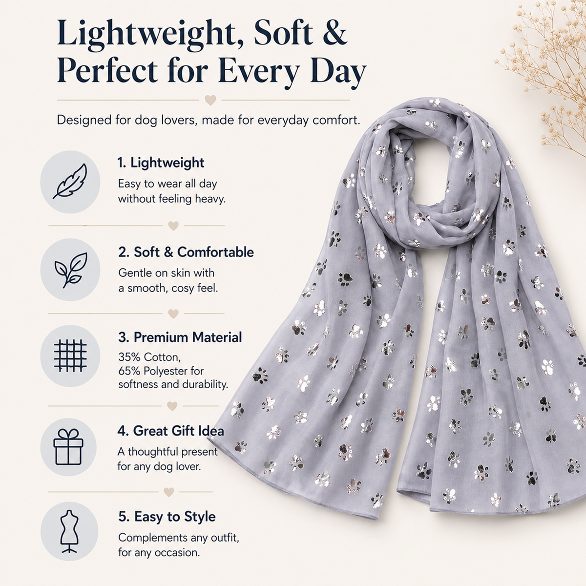 A light grey scarf with small metallic silver floral prints is displayed on a beige background with promotional text and icons highlighting its lightweight, soft, and premium qualities.