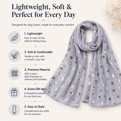 A light grey scarf with small metallic silver floral prints is displayed on a beige background with promotional text and icons highlighting its lightweight, soft, and premium qualities.