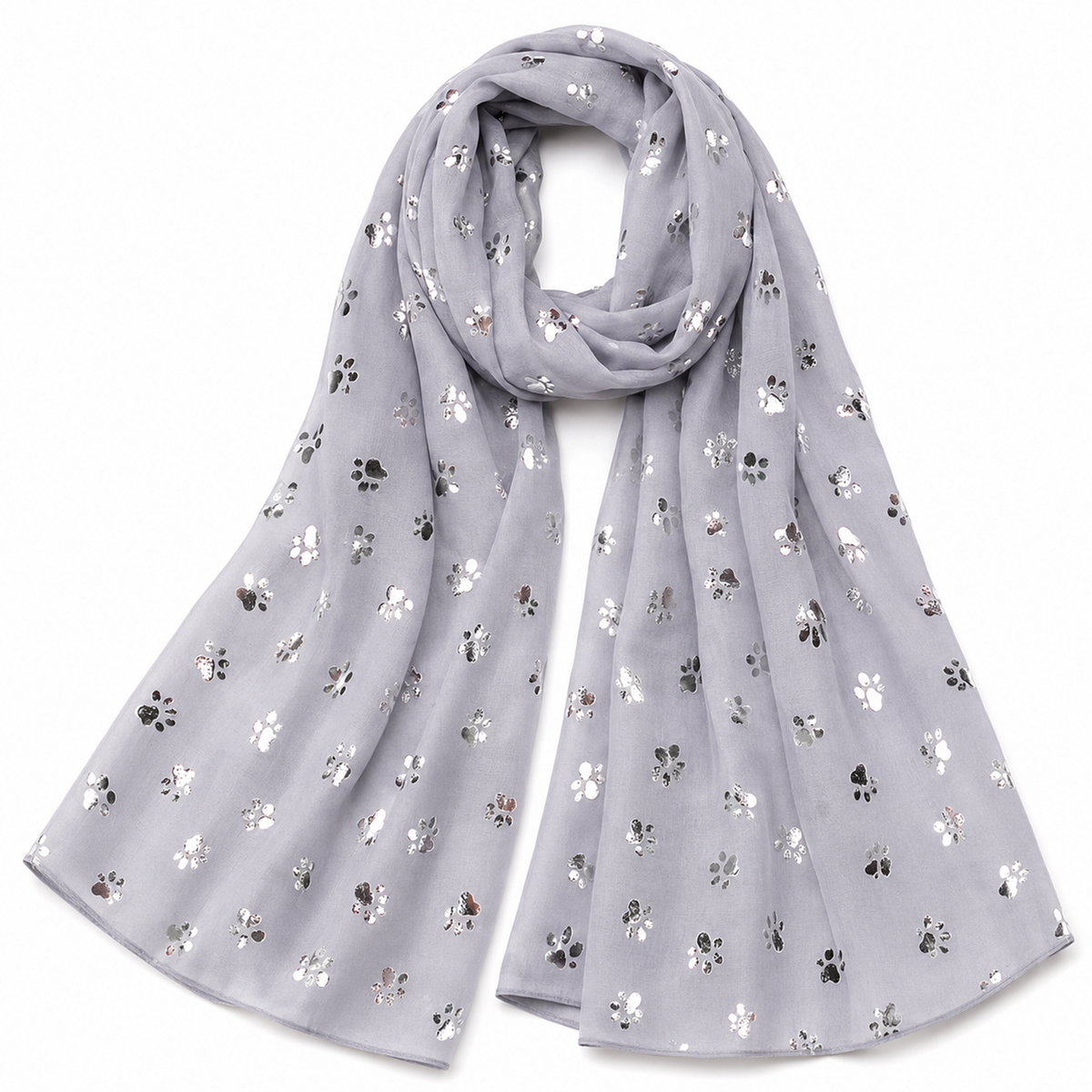 Grey scarf with paw print pattern on a white background