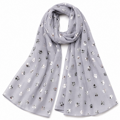 Grey scarf with paw print pattern on a white background