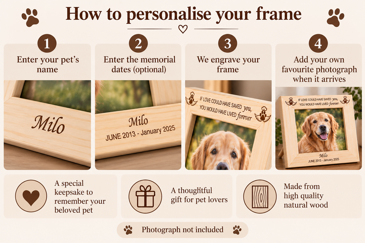 Personalised Pet Memorial Photo Frame – Engraved Wooden Dog & Cat Remembrance Frame