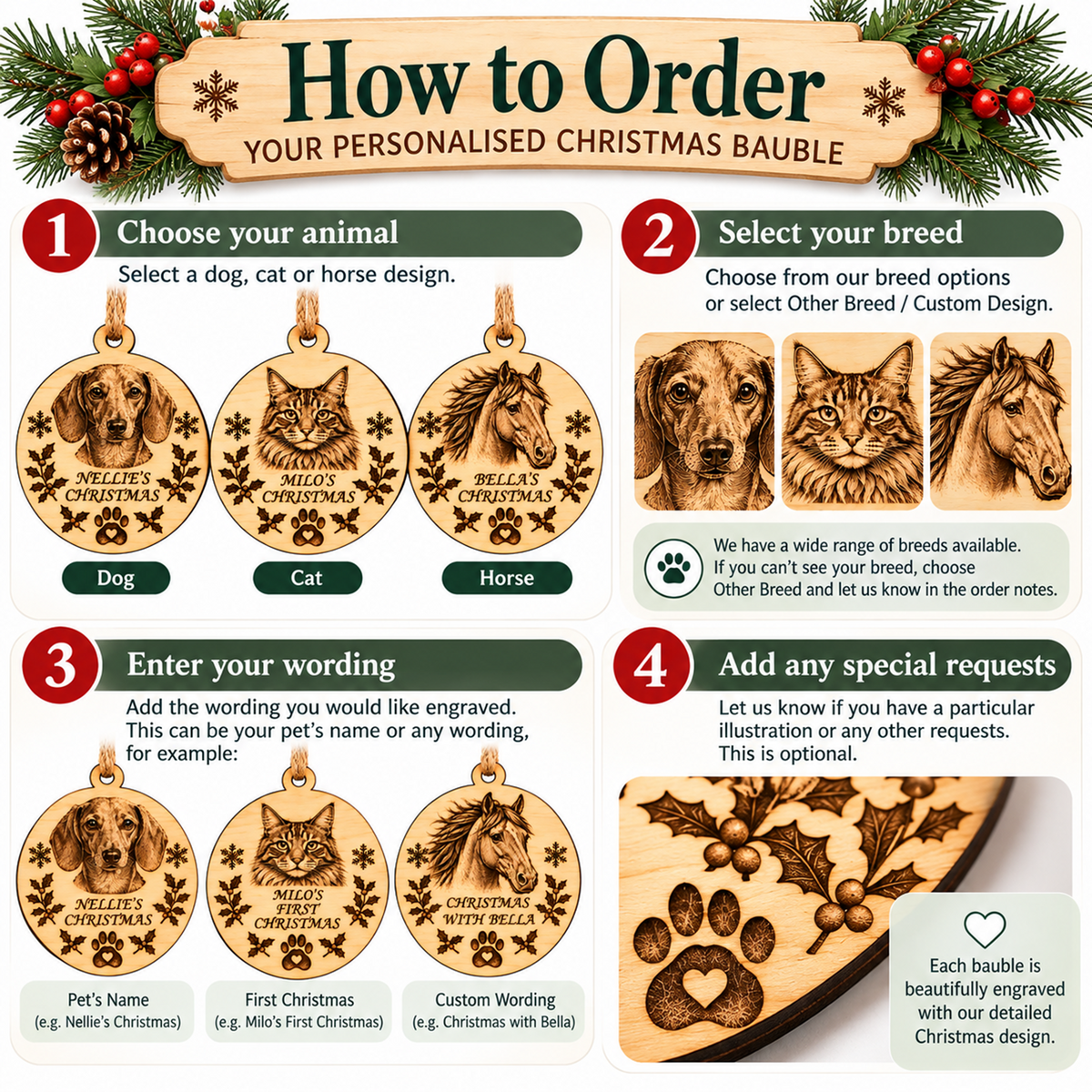 An infographic titled 'How to Order Your Personalised Christmas Bauble' explains the ordering process with four numbered steps. It shows engraved Christmas ornament designs for dogs, cats, and horses, along with examples of pet names and first Christmas engravings.