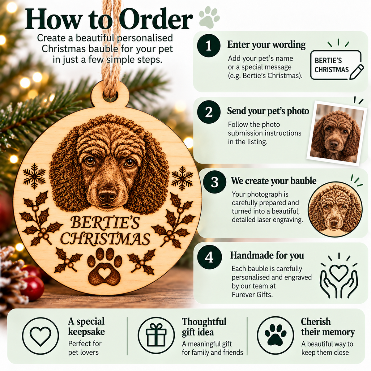 A promotional graphic for a personalised wooden Christmas bauble pet ornament. The main product is shown on the left as a round engraved wooden ornament with a dog portrait, paw print, holly leaves, and the text 'BERTIE'S CHRISTMAS.