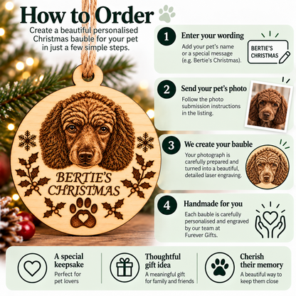 A promotional graphic for a personalised wooden Christmas bauble pet ornament. The main product is shown on the left as a round engraved wooden ornament with a dog portrait, paw print, holly leaves, and the text 'BERTIE'S CHRISTMAS.