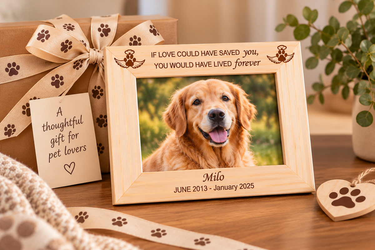 Personalised Pet Memorial Photo Frame – Engraved Wooden Dog & Cat Remembrance Frame