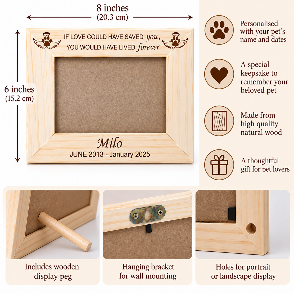 Personalised Pet Memorial Photo Frame – Engraved Wooden Dog & Cat Remembrance Frame