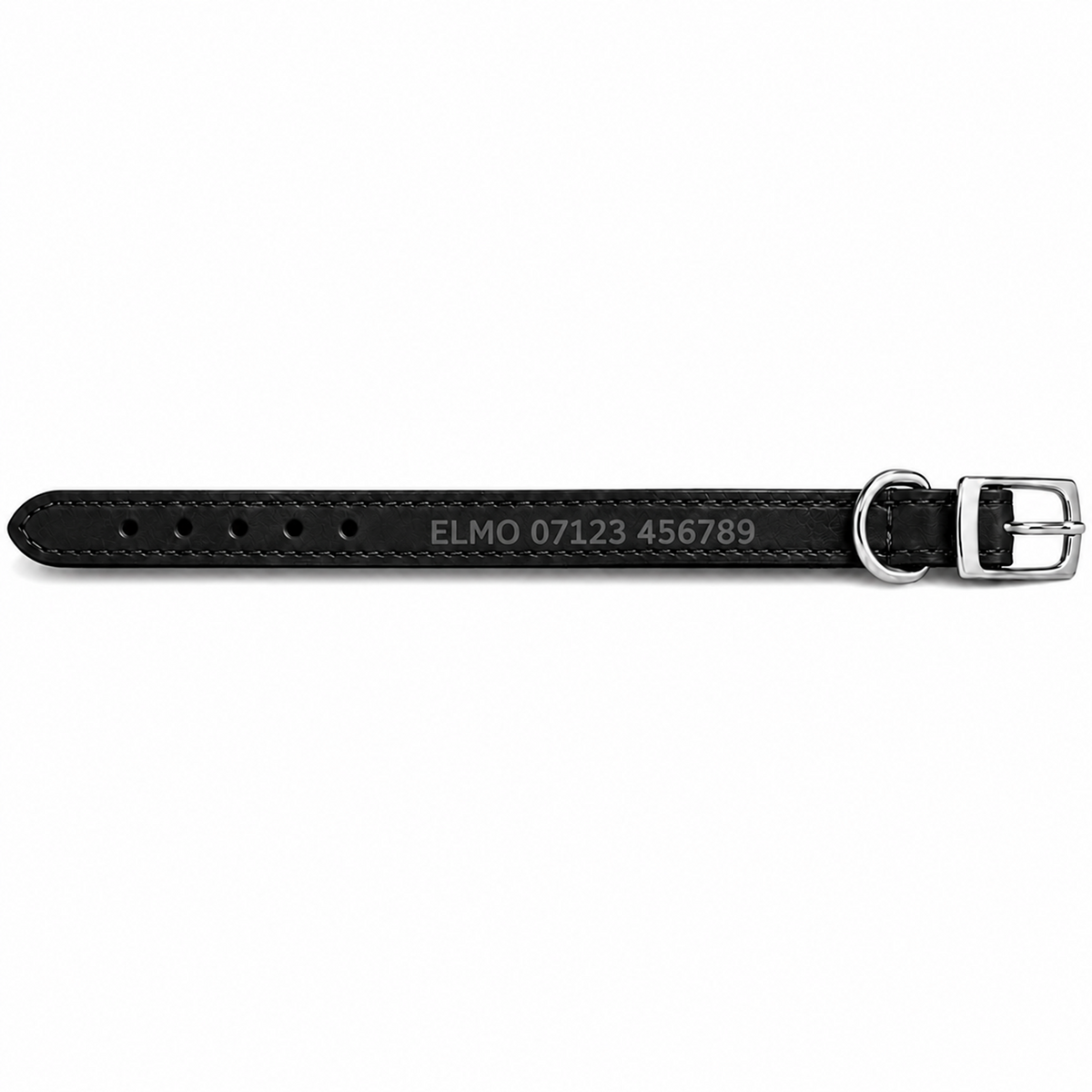 A black leather personalised dog collar  with a silver-tone buckle, featuring custom black engraved text 'ELMO 07123 456789' on the front, displayed against a solid white background.