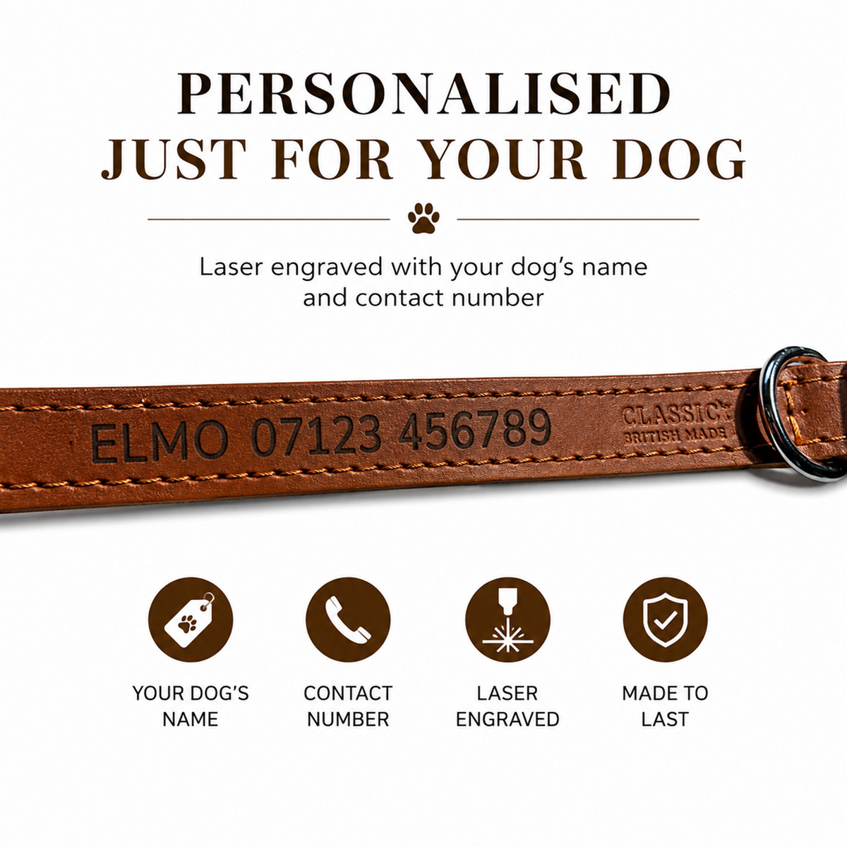Brown leather dog collar with laser-engraved personalisation text, shown on a white background with descriptive text and feature icons.