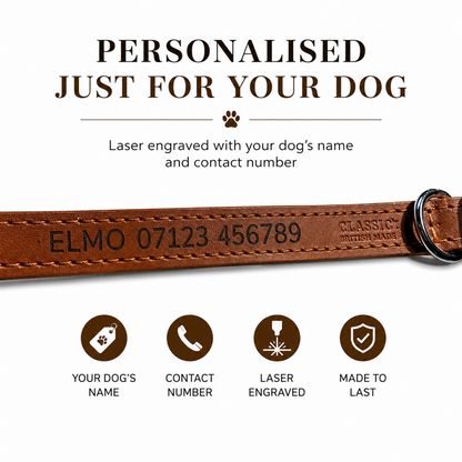 Brown leather dog collar with laser-engraved personalisation text, shown on a white background with descriptive text and feature icons.