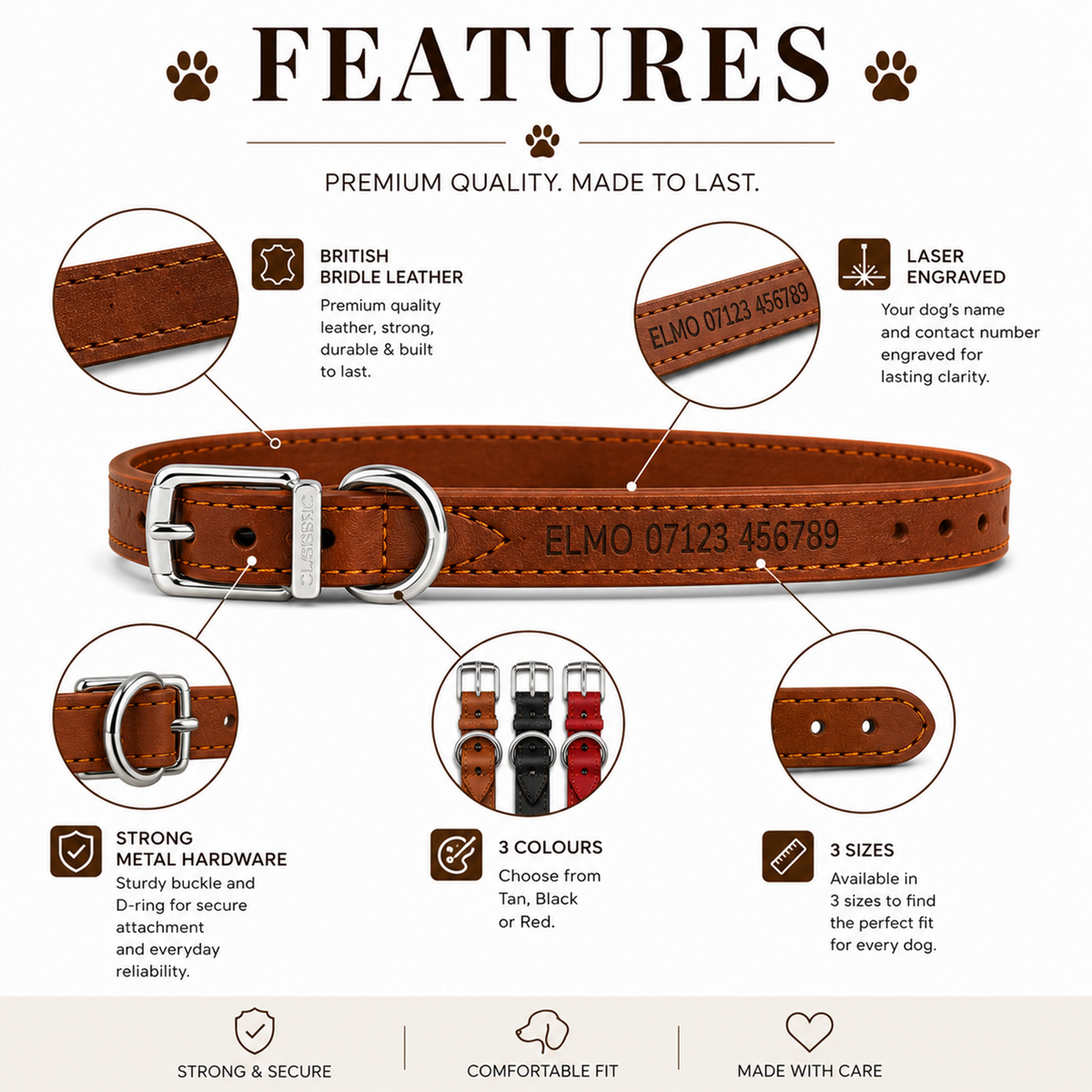 A brown leather dog collar with silver hardware, shown on a white infographic background with callout circles and text detailing product features such as British Bridle Leather, laser engraving, strong metal hardware, and available colors and sizes.