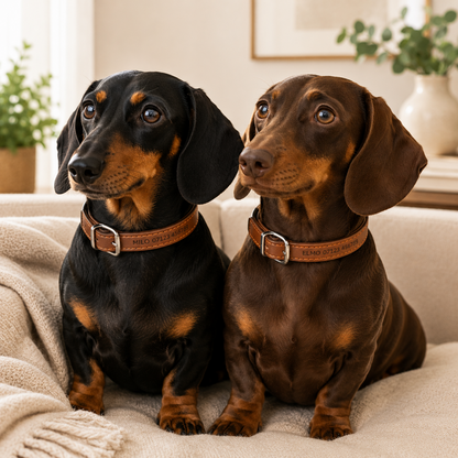 Two dachshunds sitting side by side on a beige sofa, wearing personalized brown leather collars with silver buckles and custom text engraved on the front.