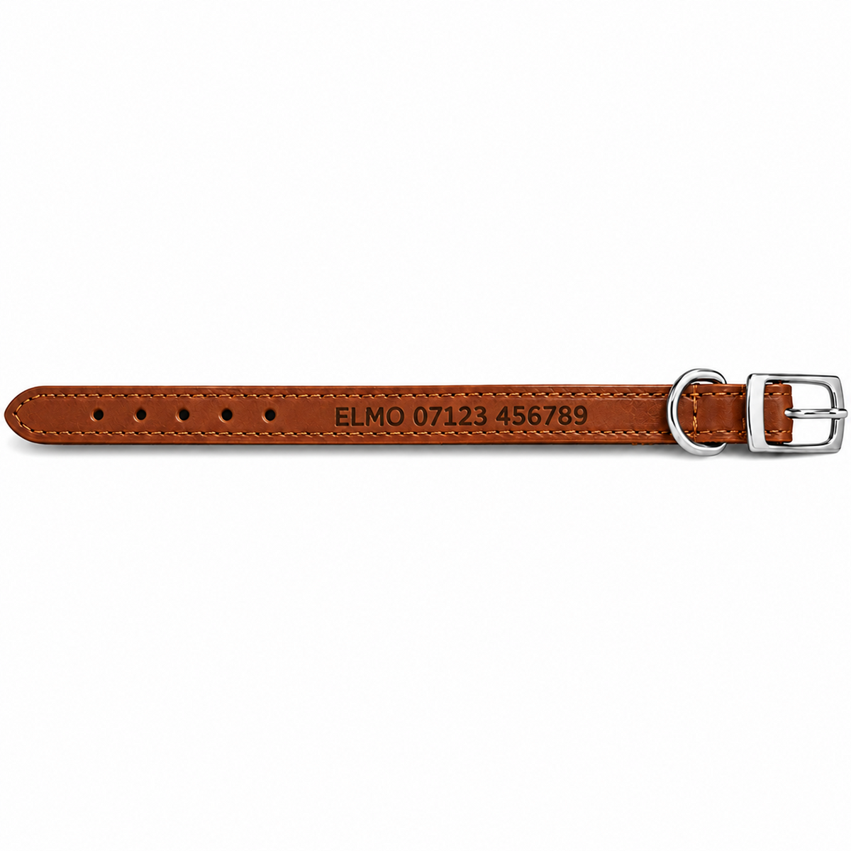 A brown leather watch strap with silver-tone hardware, featuring custom engraved text 'ELMO 07123 456789' on the inner side, displayed against a solid white background.