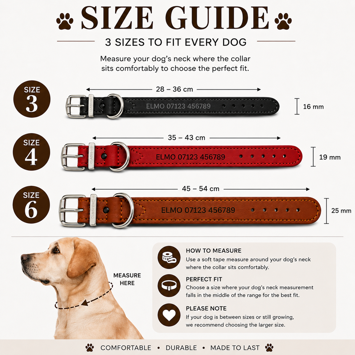 A size guide infographic for dog collars showing measurements for Size 3, 4, and 6 in black, red, and brown leather straps, with a photo of a dog at the bottom and text explaining how to measure.