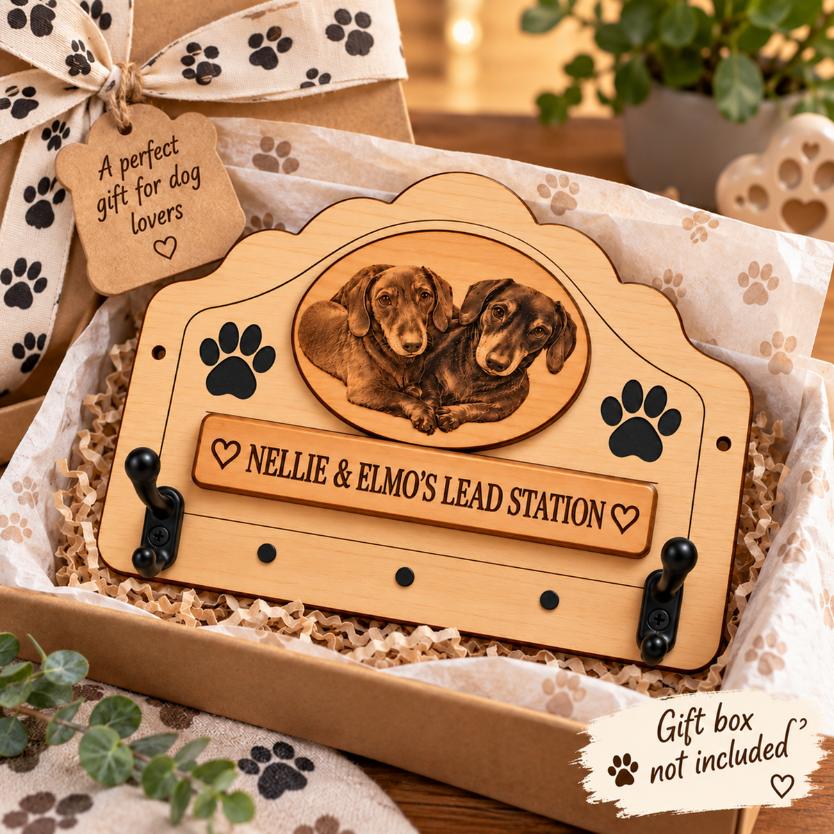 Personalised wooden dog lead station plaque displayed in a gift box with shredded paper filler. The plaque features an oval photo slot with two dachshunds, black paw print graphics, and the engraved text 'NELLIE & ELMO'S LEAD STATION'.