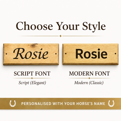 A product comparison graphic showing two wooden horse stable name plates with the name 'Rosie' in different font styles. The left plate reads 'Rosie' in a black script font, labelled 'SCRIPT FONT', and the right plate reads 'Rosie' in a black modern font, labelled 'MODERN FONT'.