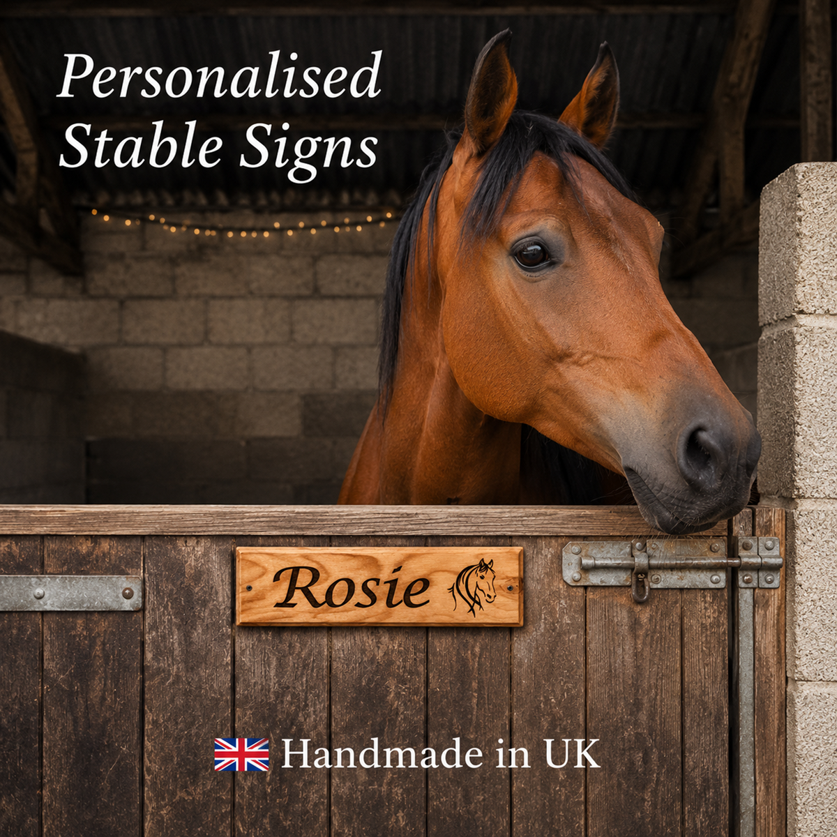 A brown horse with a black mane stands in a wooden stable stall, with a custom wooden sign reading 'Rosie' mounted on the door. White text at the top says 'Personalised Stable Signs' and text at the bottom says 'Handmade in UK' with a small Union Jack flag.