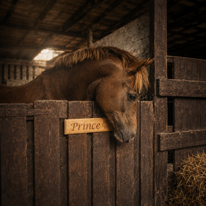 A brown horse with a light mane rests its head on a dark wooden stable door, with a small wooden sign reading 'Prince' attached. The stable interior with straw and wood is softly lit in the background.
