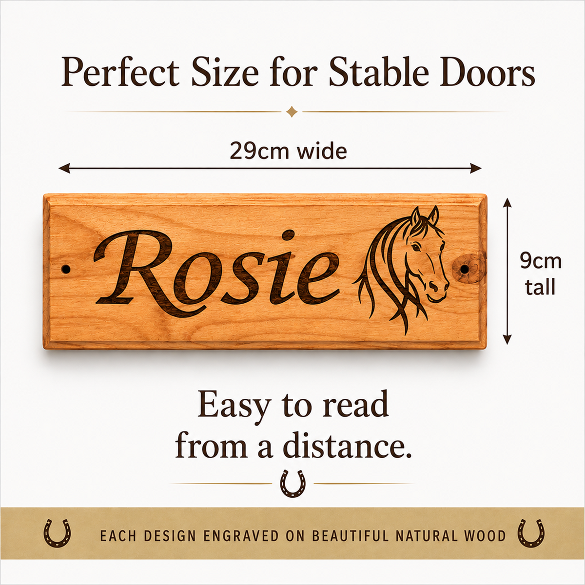 A wooden stable door sign engraved with the name 'Rosie' and a horse head illustration, shown with dimension arrows indicating 29cm wide by 9cm tall. Text above and below says it is perfect size for stable doors and easy to read from a distance.