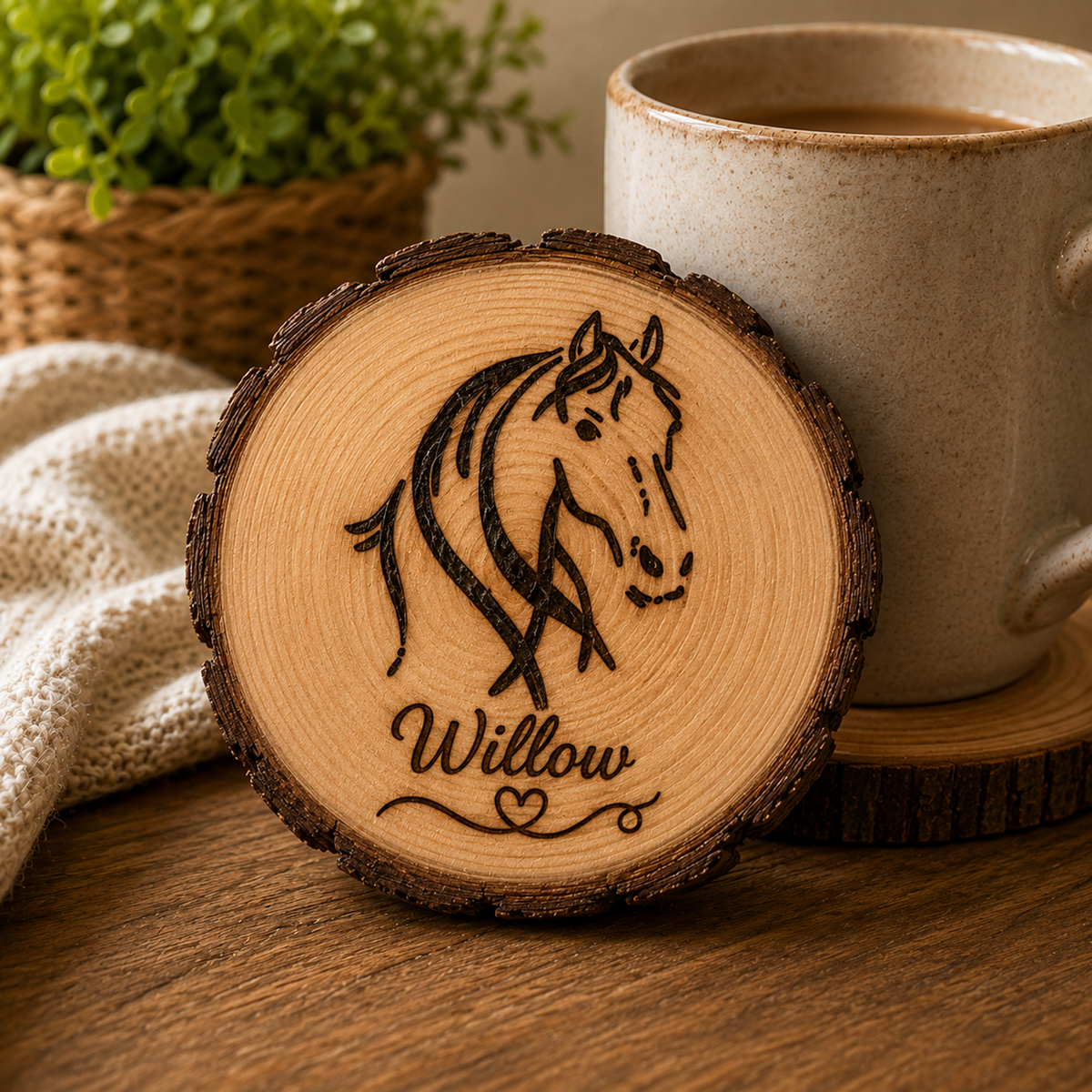 A round wooden slice coaster with a dark-brown engraved horse head and the name 'Willow' sits on a wooden table beside a beige ceramic mug, with a knitted cloth and a potted plant in the background.