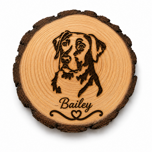 A round wooden slice plaque featuring a laser-engraved portrait of a dog and the name 'Bailey' with a small heart, shown on a clean white background.